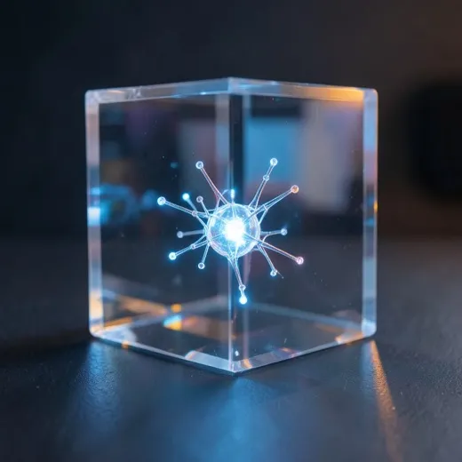 Transparent acrylic cube containing a glowing neural network sculpture on a dark table