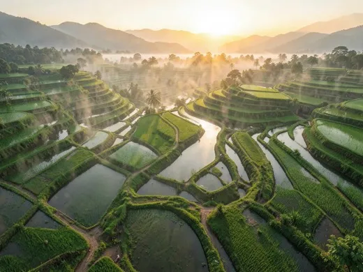 Aerial sunrise view of misty green rice terraces after rain
