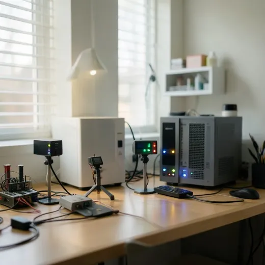 Compact home testing lab with devices on stands and a local server box on a tidy workbench