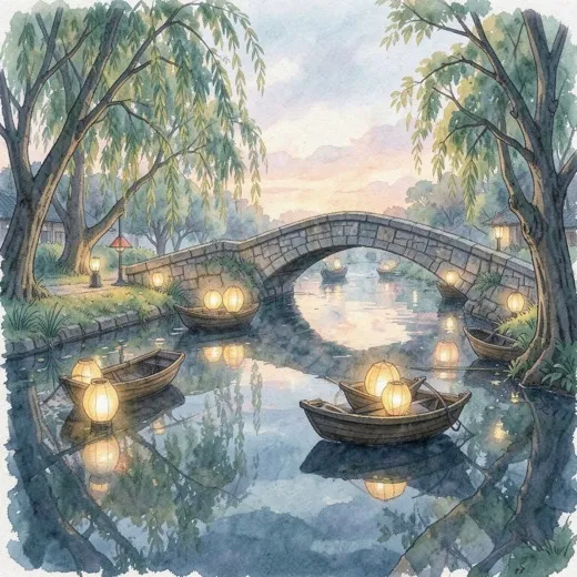 Storybook watercolor illustration of lantern boats on a quiet garden canal