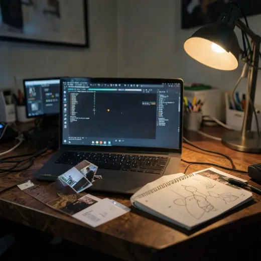 Warm night workspace with a laptop running an image-generation command and generated photo prints on the desk