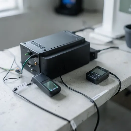 Compact local AI workstation with test devices connected to a small inference box on a concrete desk