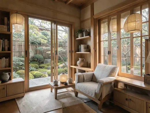 Japanese-inspired reading room with garden view and paper lanterns