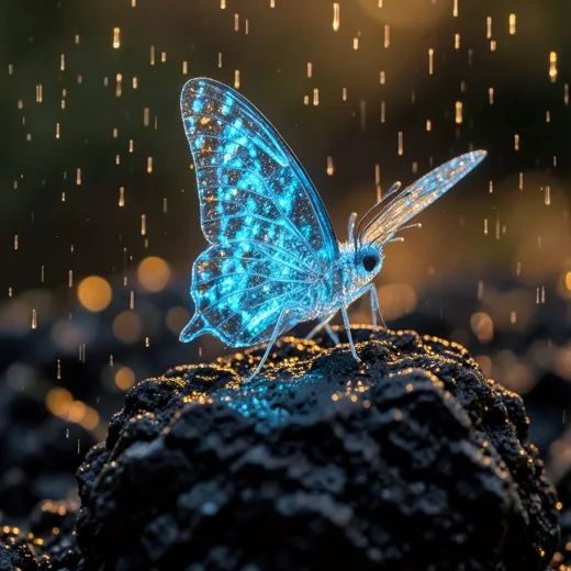Glowing blue glass butterfly on black volcanic stone in warm rain