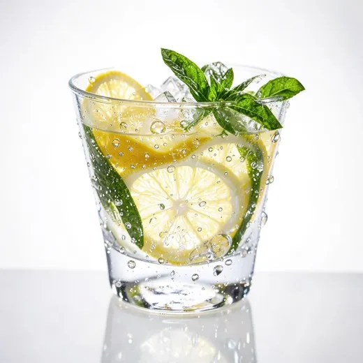 Macro photograph of a sparkling citrus tonic with lemon slices and basil