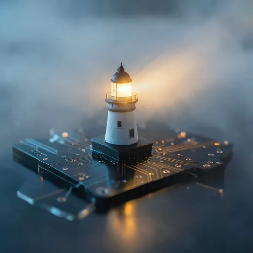 Tiny lighthouse on a polished black circuit board island shining through mist