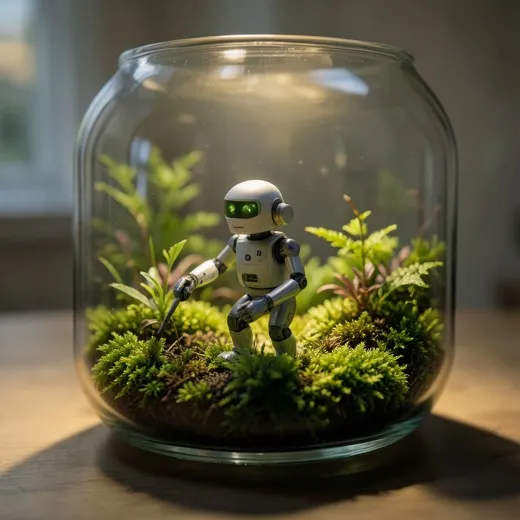 Tiny robot gardener tending moss inside a glass terrarium