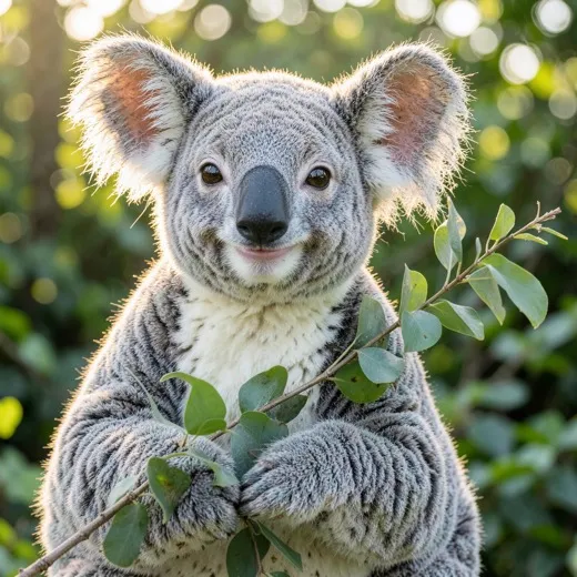 Cheerful koala portrait holding eucalyptus in warm forest light