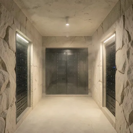 Stone underground data archive with compact local servers behind glass