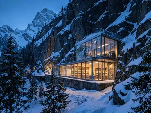 Remote glass alpine library built into snowy cliffs at blue hour
