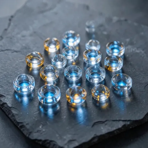 Glowing translucent glass tokens arranged like a benchmark matrix on dark slate