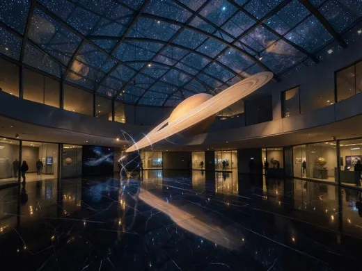 Cinematic science museum atrium with a glowing Saturn model under a glass ceiling