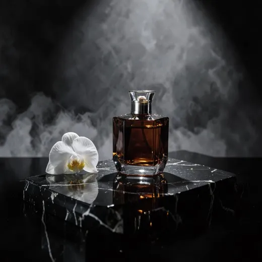 Luxury perfume bottle on black marble beside a white orchid