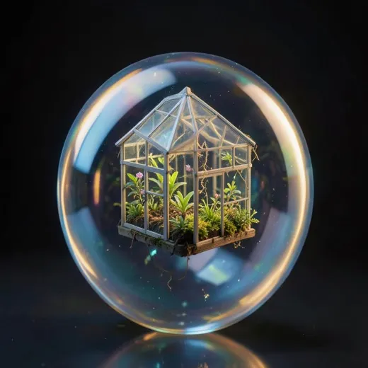 Tiny glass greenhouse floating inside a glowing soap bubble