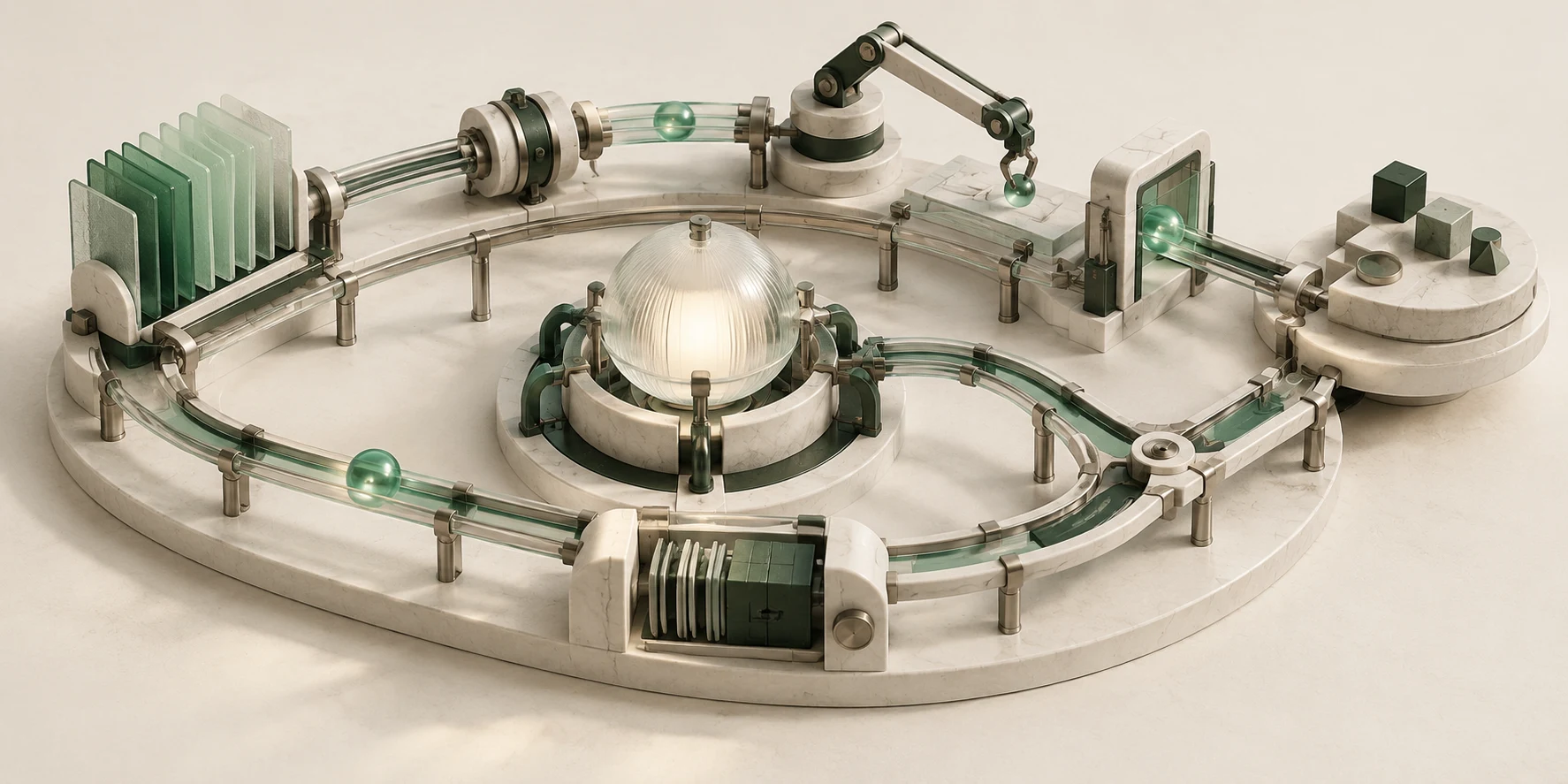 A luminous model core surrounded by context sheets, connectors, a tool arm, a permission gate, and a return track: a sculptural metaphor for the runtime around a model.