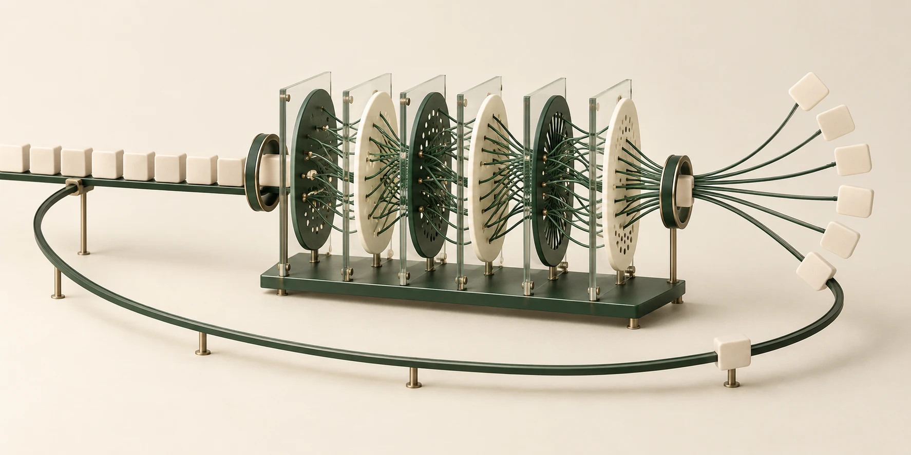 An ivory and green sculpture with input tiles, stacked computational layers, possible output tiles, and a return track