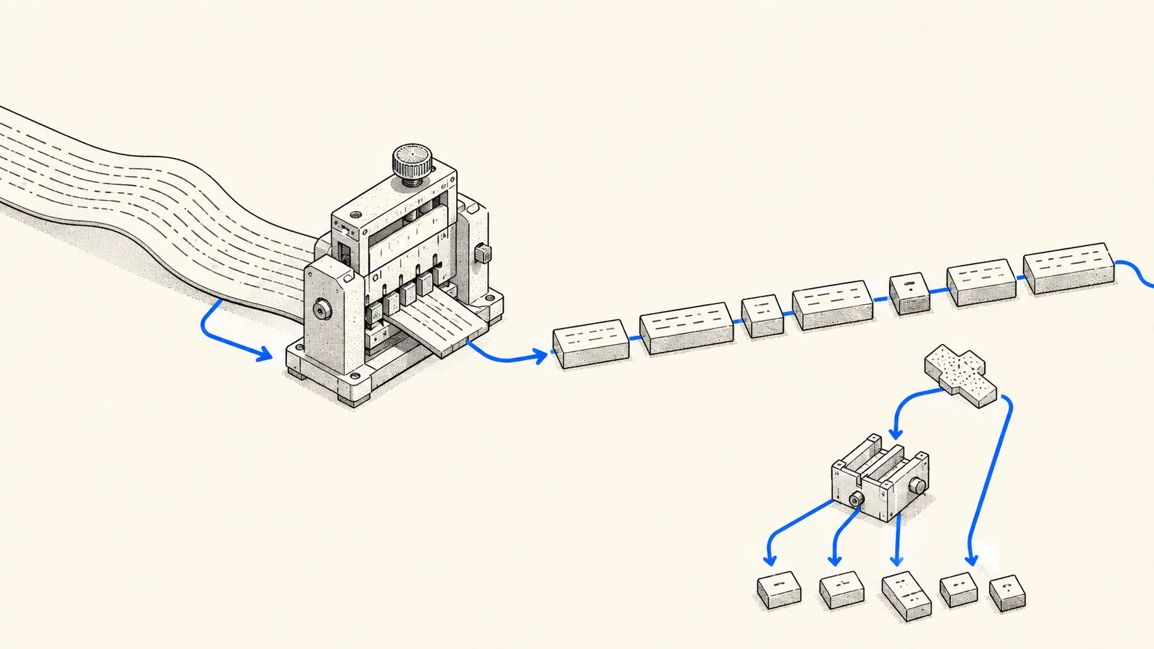 A continuous strip of writing passing through a divider and emerging as reusable pieces of unequal width, with a blue path preserving their order.
